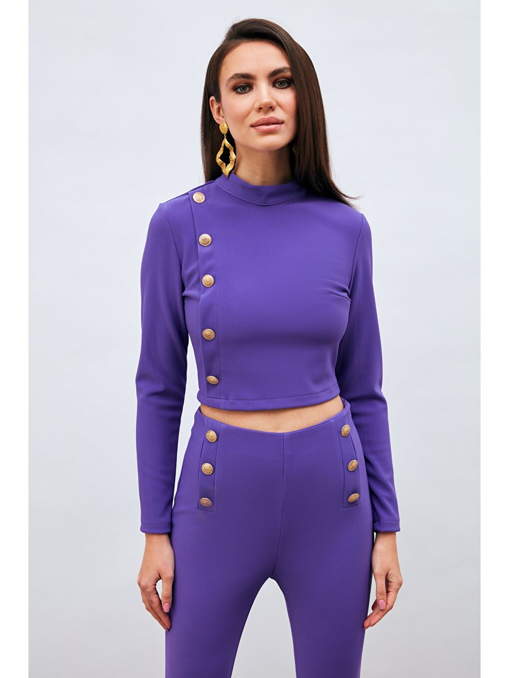 Düğme Detaylı Dik Yaka Bluz - Mor