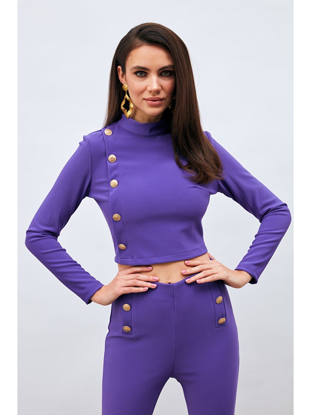 Düğme Detaylı Dik Yaka Bluz - Mor-1