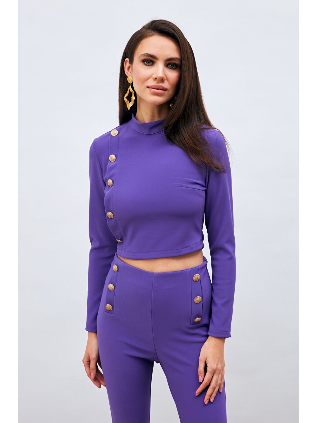 Düğme Detaylı Dik Yaka Bluz - Mor-2