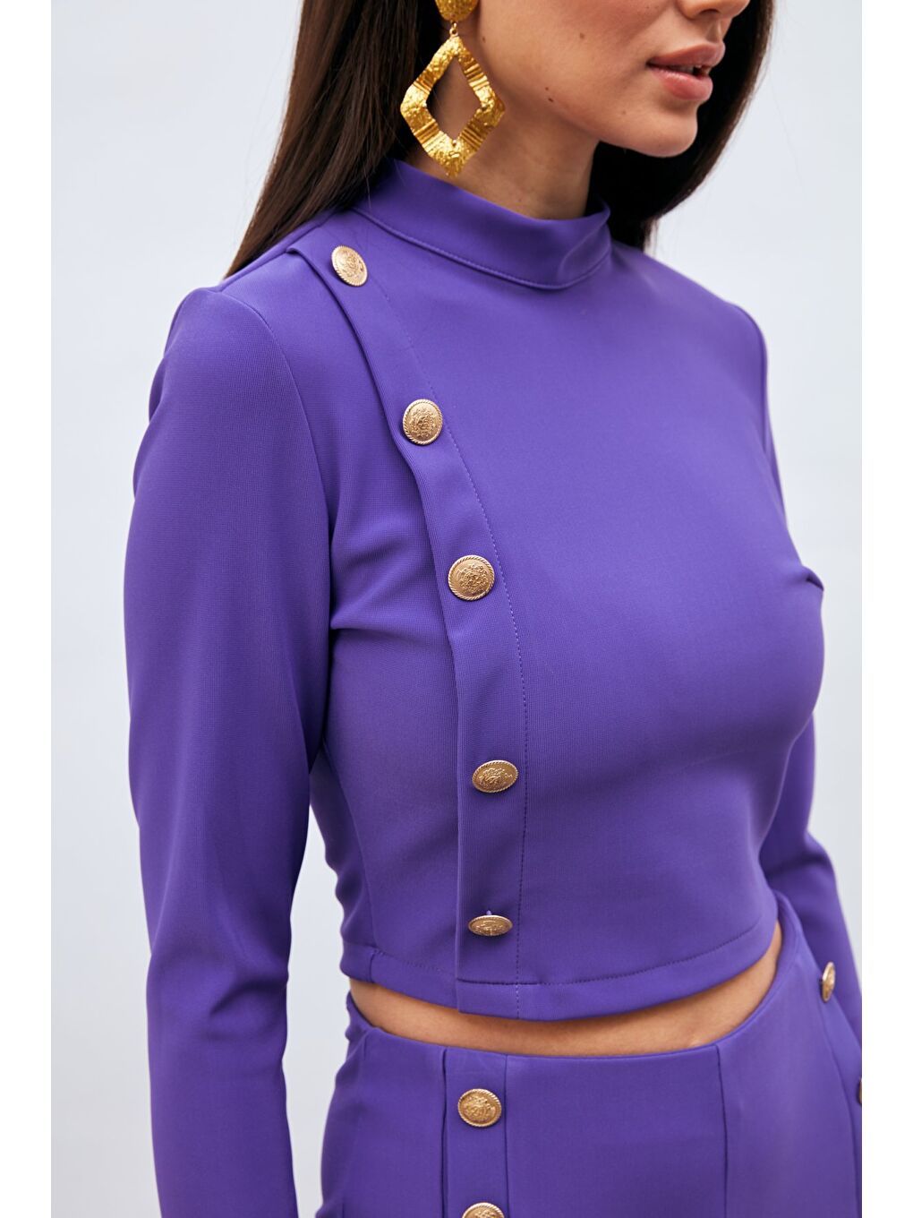 Düğme Detaylı Dik Yaka Bluz - Mor-3