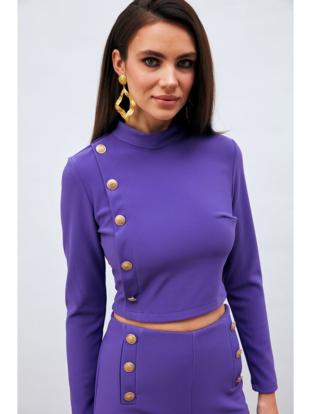Düğme Detaylı Dik Yaka Bluz - Mor-4