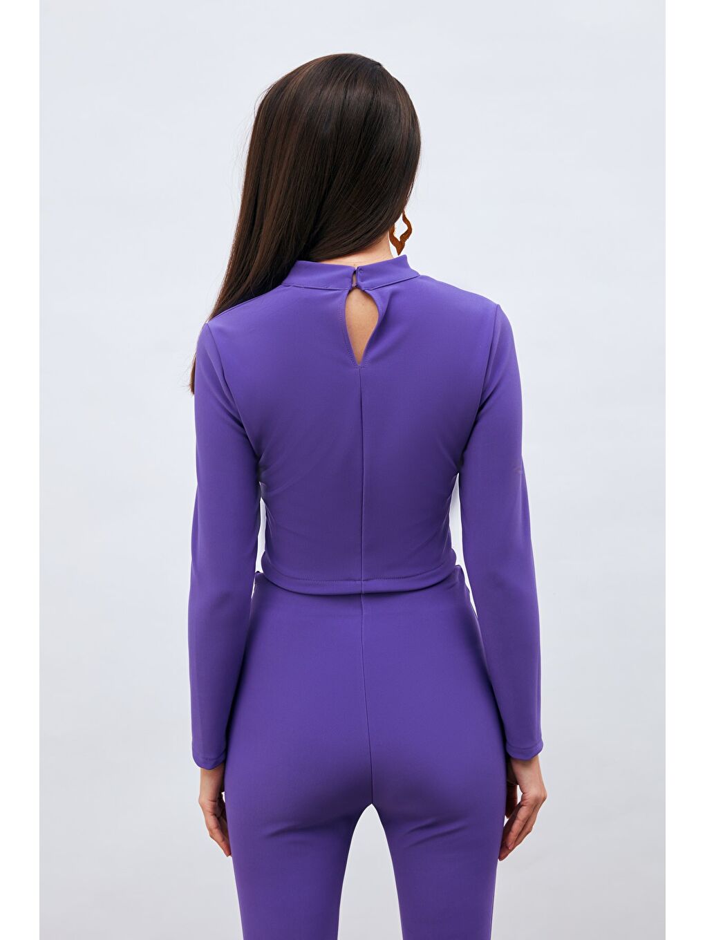 Düğme Detaylı Dik Yaka Bluz - Mor-5