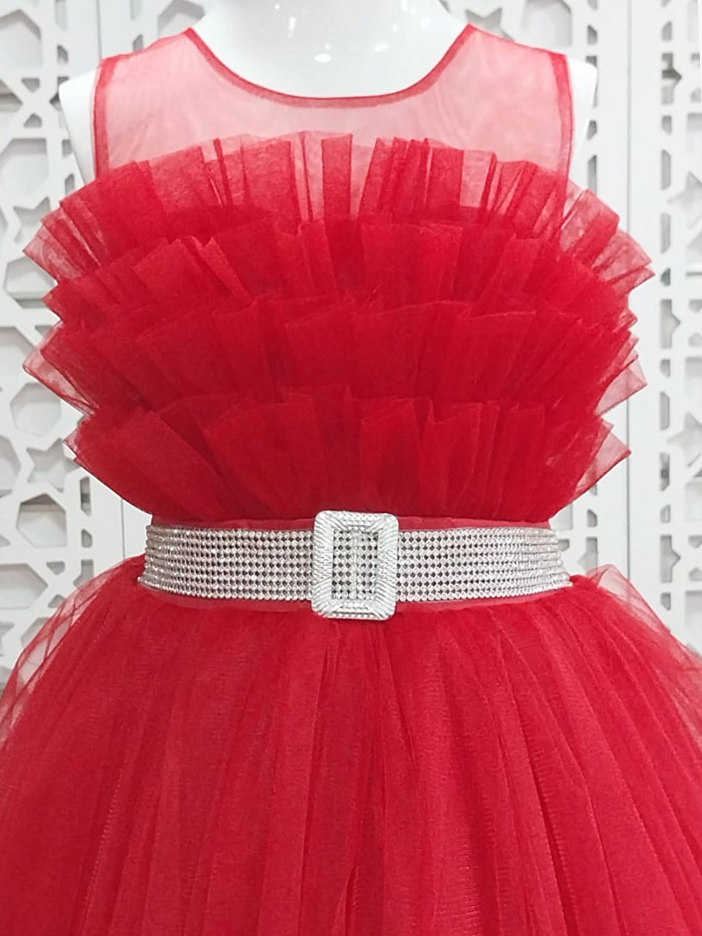 Kırmızı Bisiklet Yaka Tül Detaylı Kız Çocuk Abiye-1