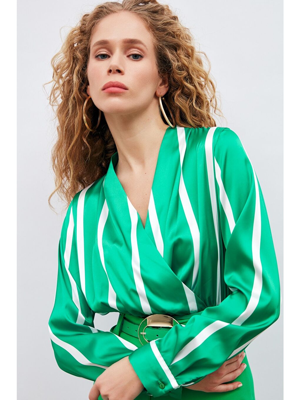 Kruvaze Yaka Çizgili Bluz - Yeşil-1