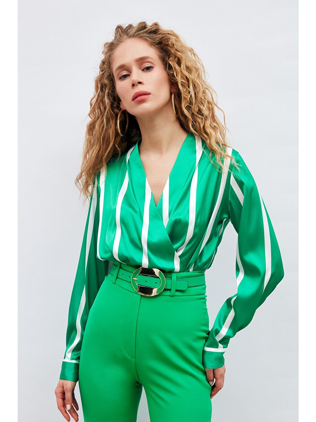 Kruvaze Yaka Çizgili Bluz - Yeşil-2