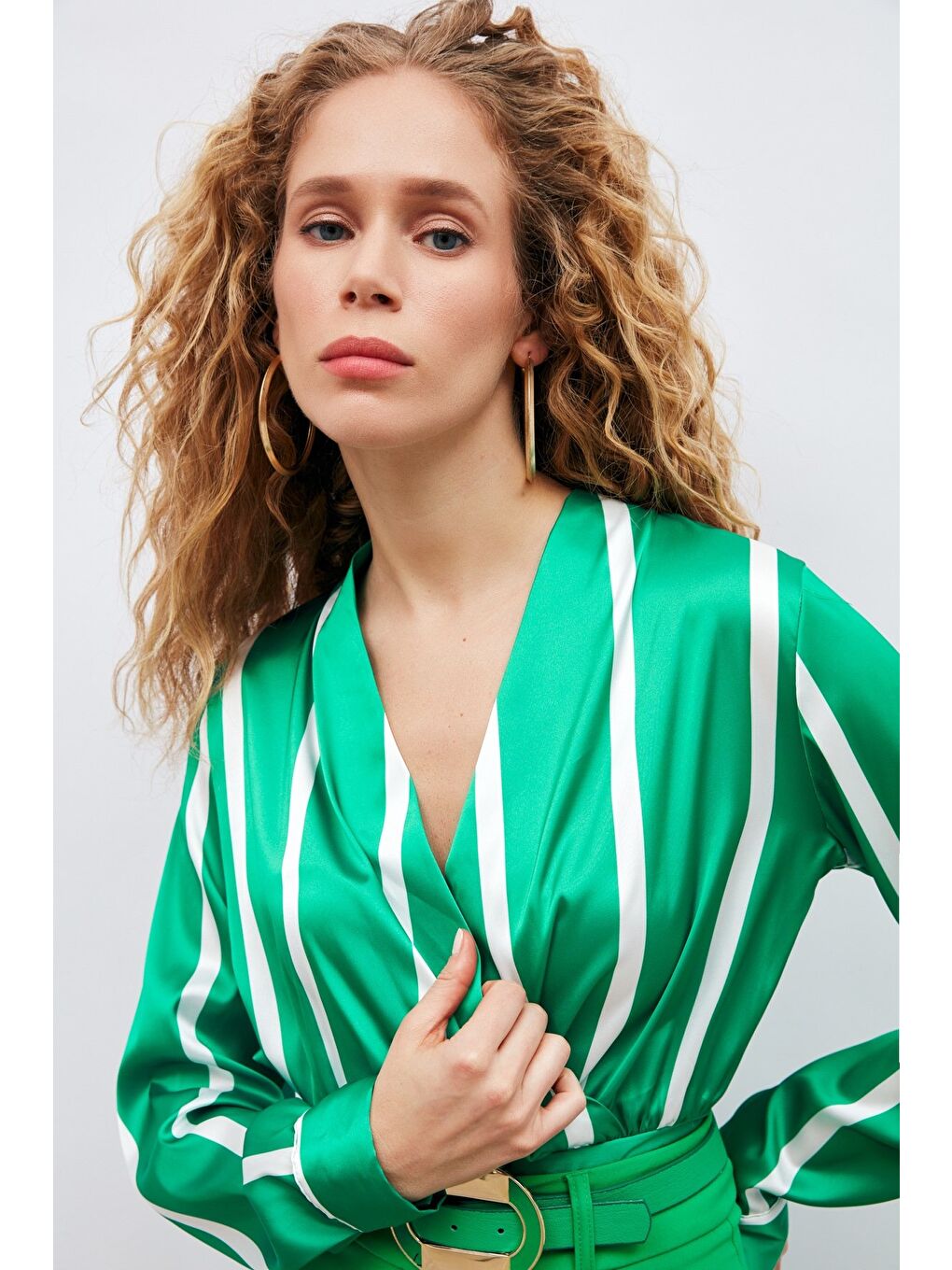 Kruvaze Yaka Çizgili Bluz - Yeşil-3