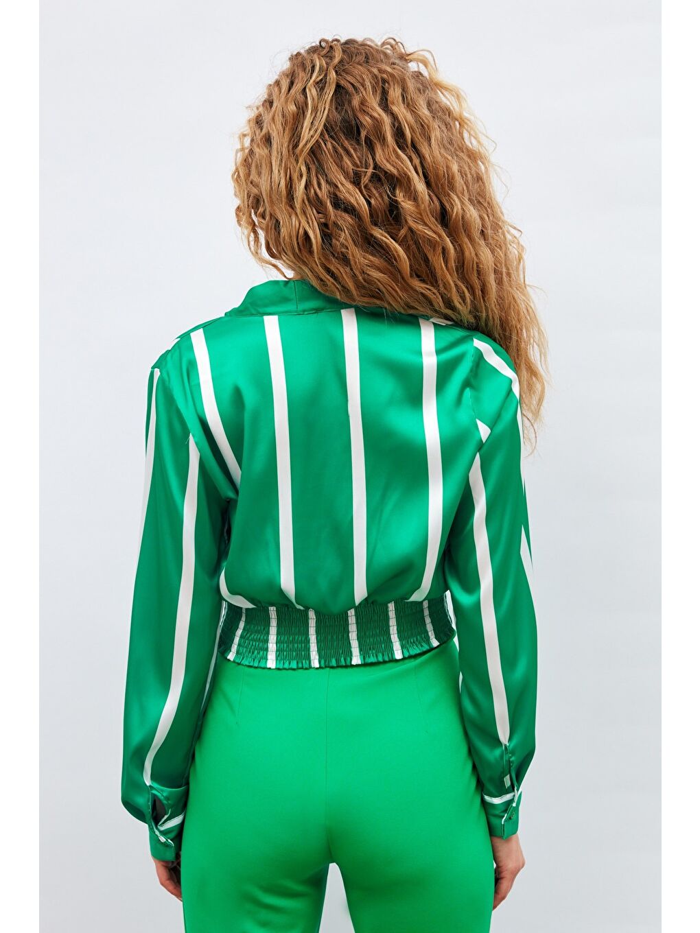 Kruvaze Yaka Çizgili Bluz - Yeşil-4