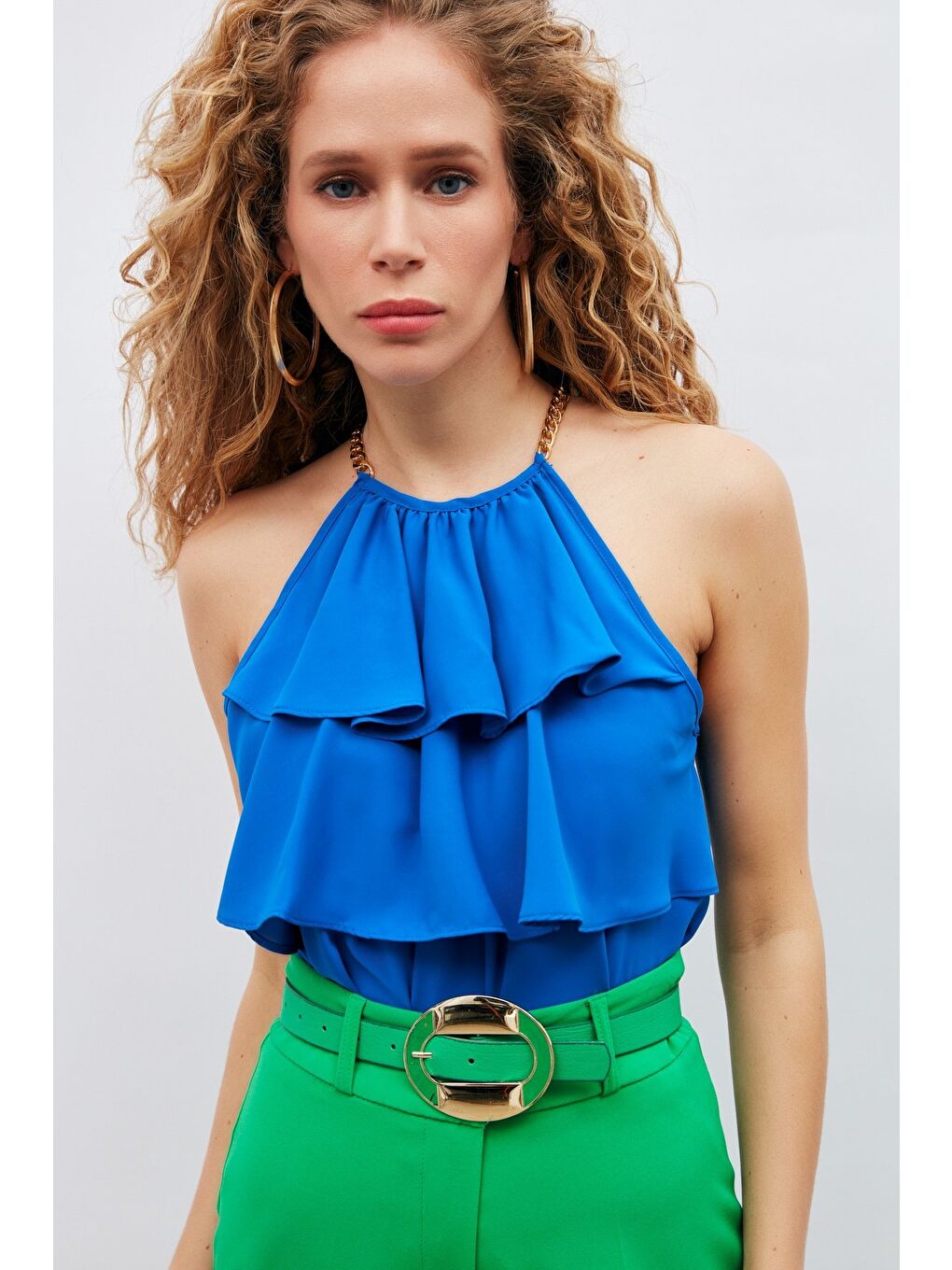 Zincir Detaylı Volanlı Bluz - Sax Mavi-1