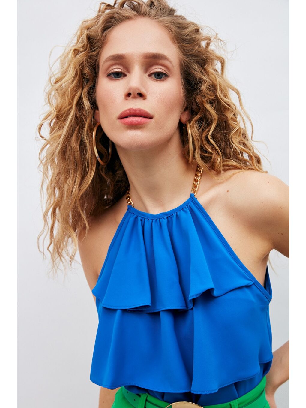 Zincir Detaylı Volanlı Bluz - Sax Mavi-2