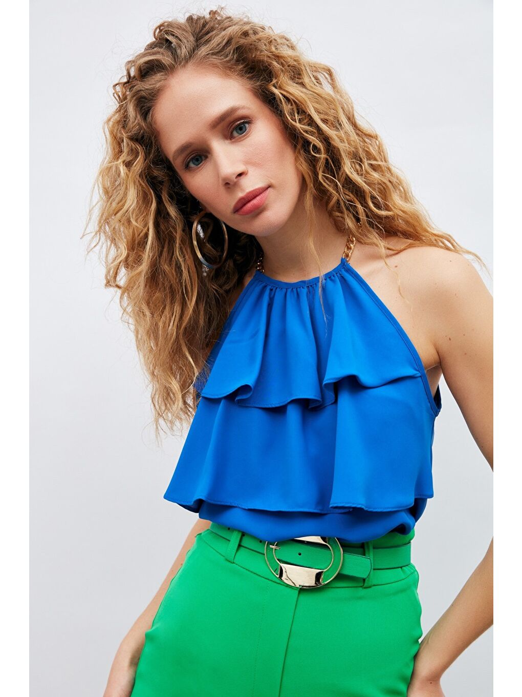 Zincir Detaylı Volanlı Bluz - Sax Mavi-3