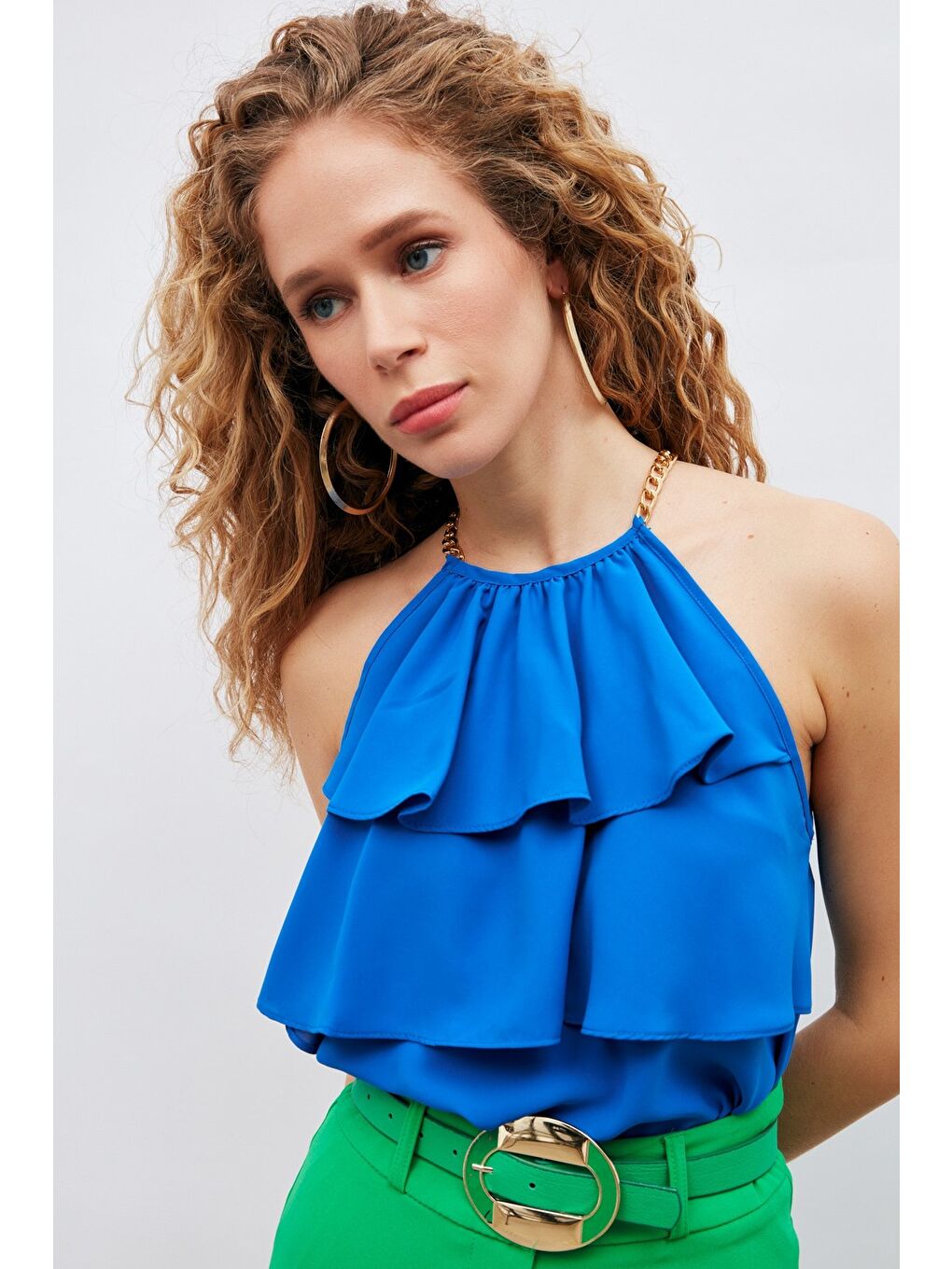 Zincir Detaylı Volanlı Bluz - Sax Mavi-4