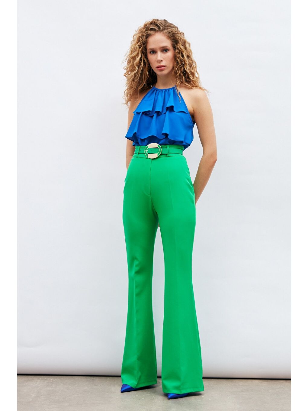 Zincir Detaylı Volanlı Bluz - Sax Mavi-5