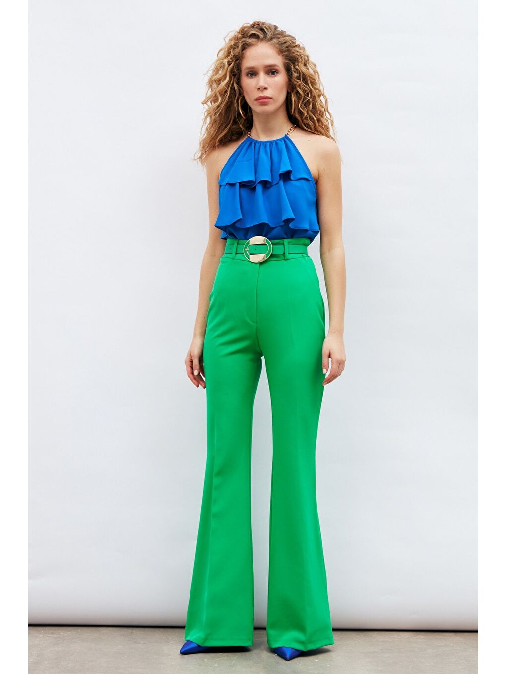 Zincir Detaylı Volanlı Bluz - Sax Mavi-6