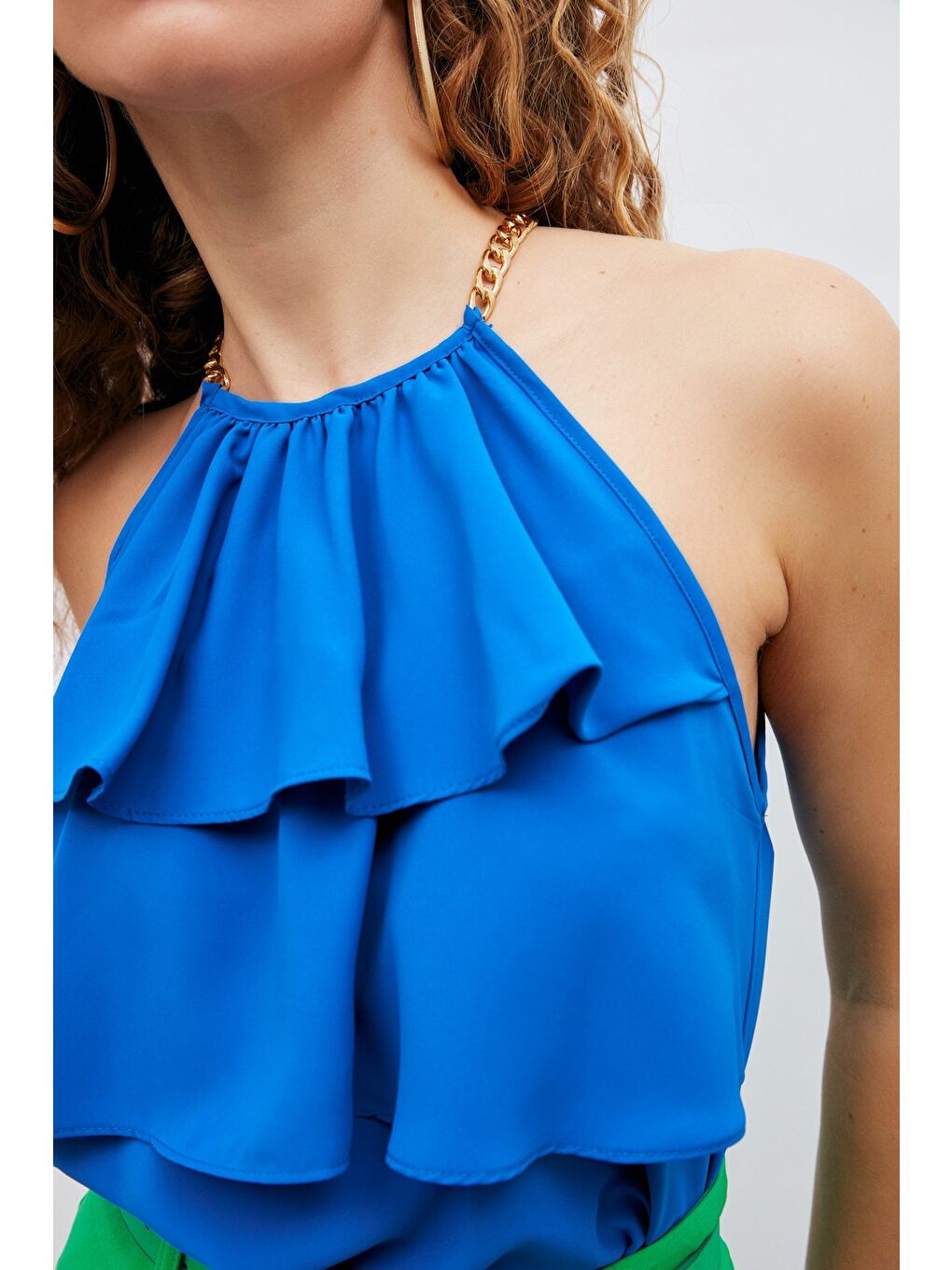 Zincir Detaylı Volanlı Bluz - Sax Mavi-7