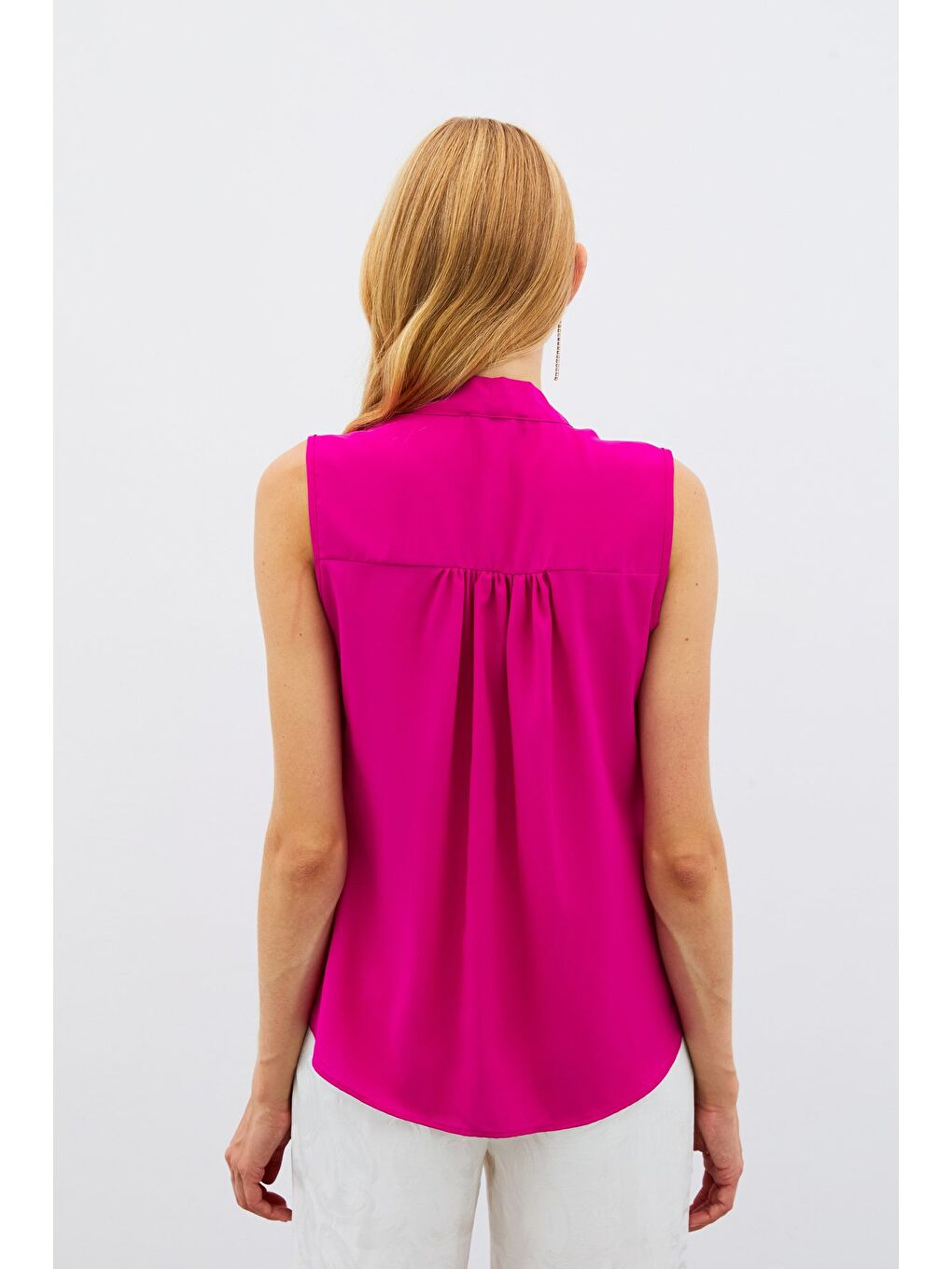 Fularlı Kolsuz Bluz - Fuşya-6