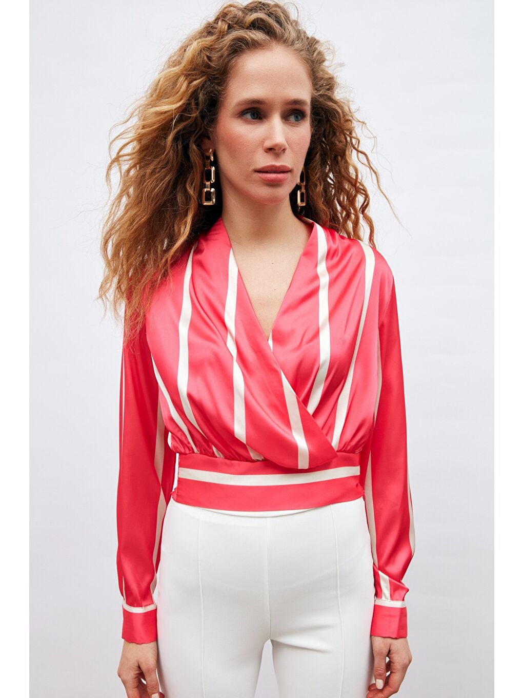 Kruvaze Yaka Çizgili Bluz - Fuşya