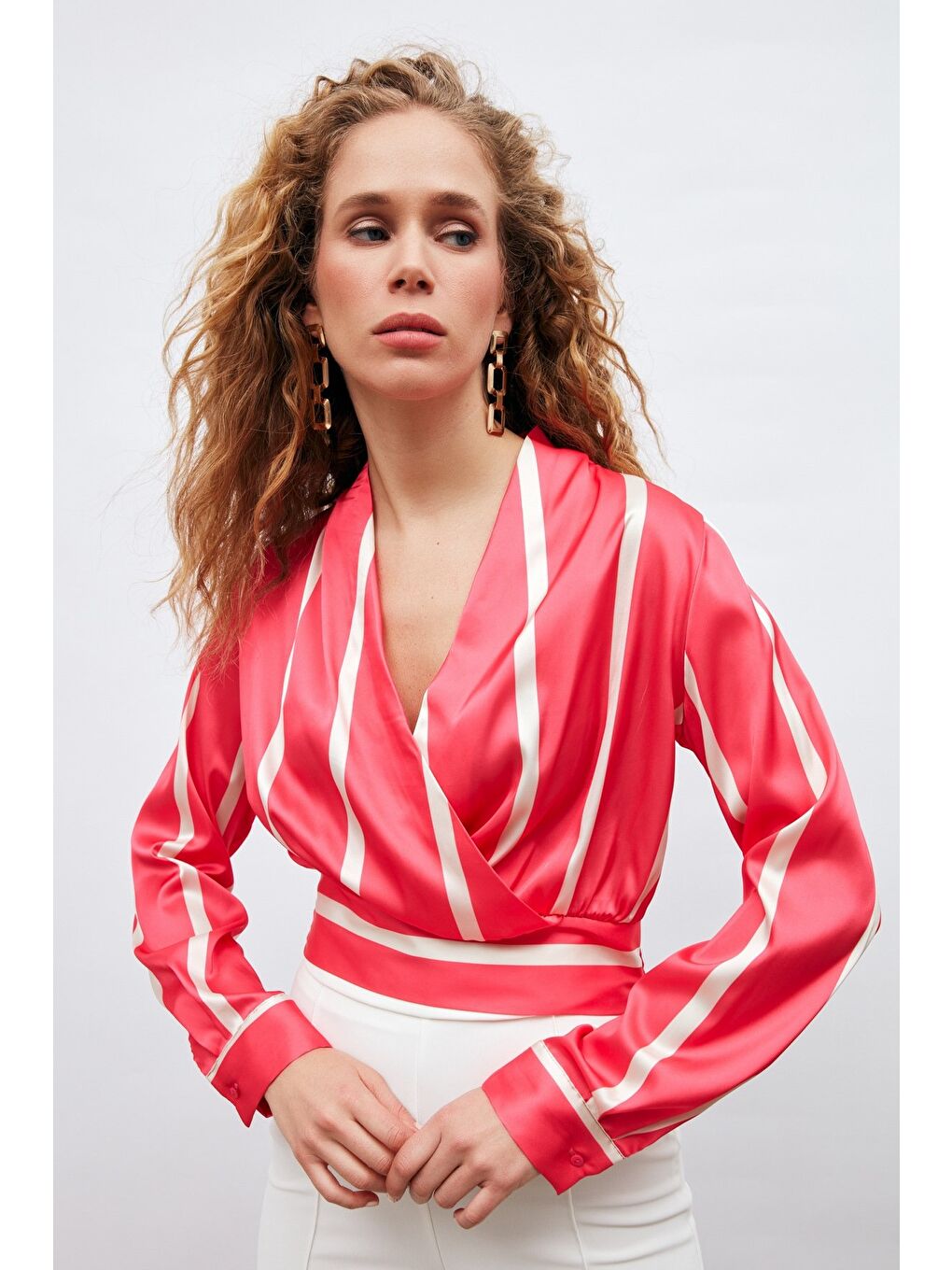 Kruvaze Yaka Çizgili Bluz - Fuşya-1