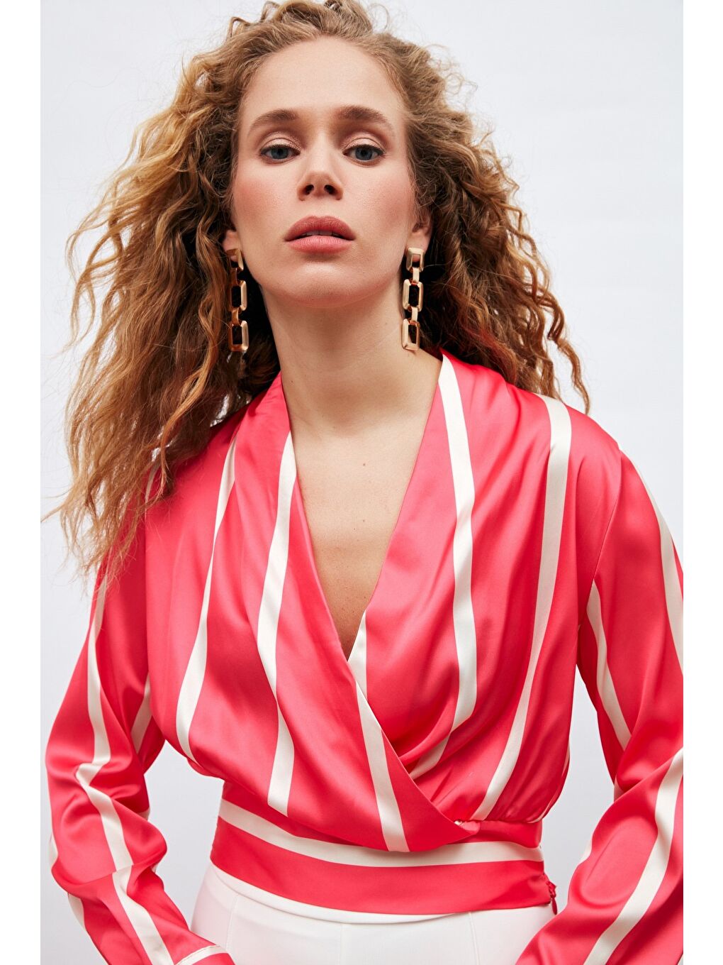 Kruvaze Yaka Çizgili Bluz - Fuşya-2