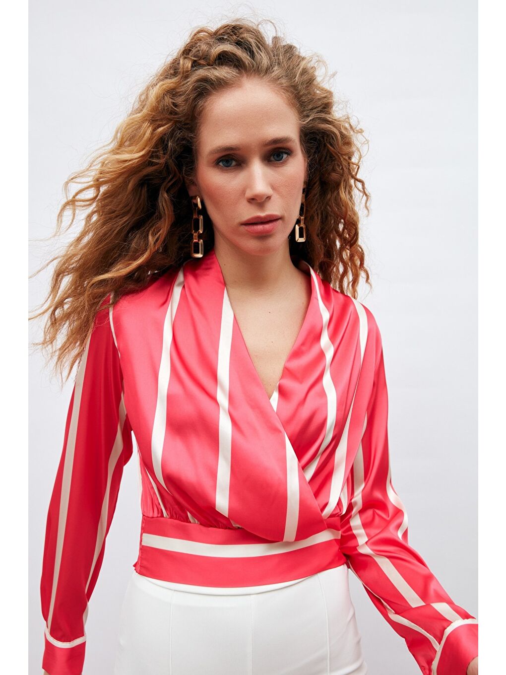 Kruvaze Yaka Çizgili Bluz - Fuşya-3