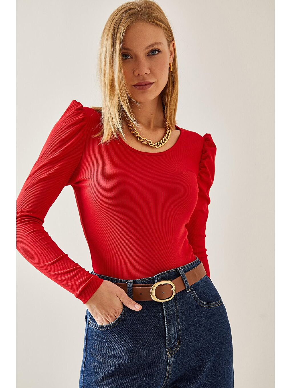 Kırmızı U Yaka Karpuz Kol Kaşkorse Bluz 4KXK2-47655-04