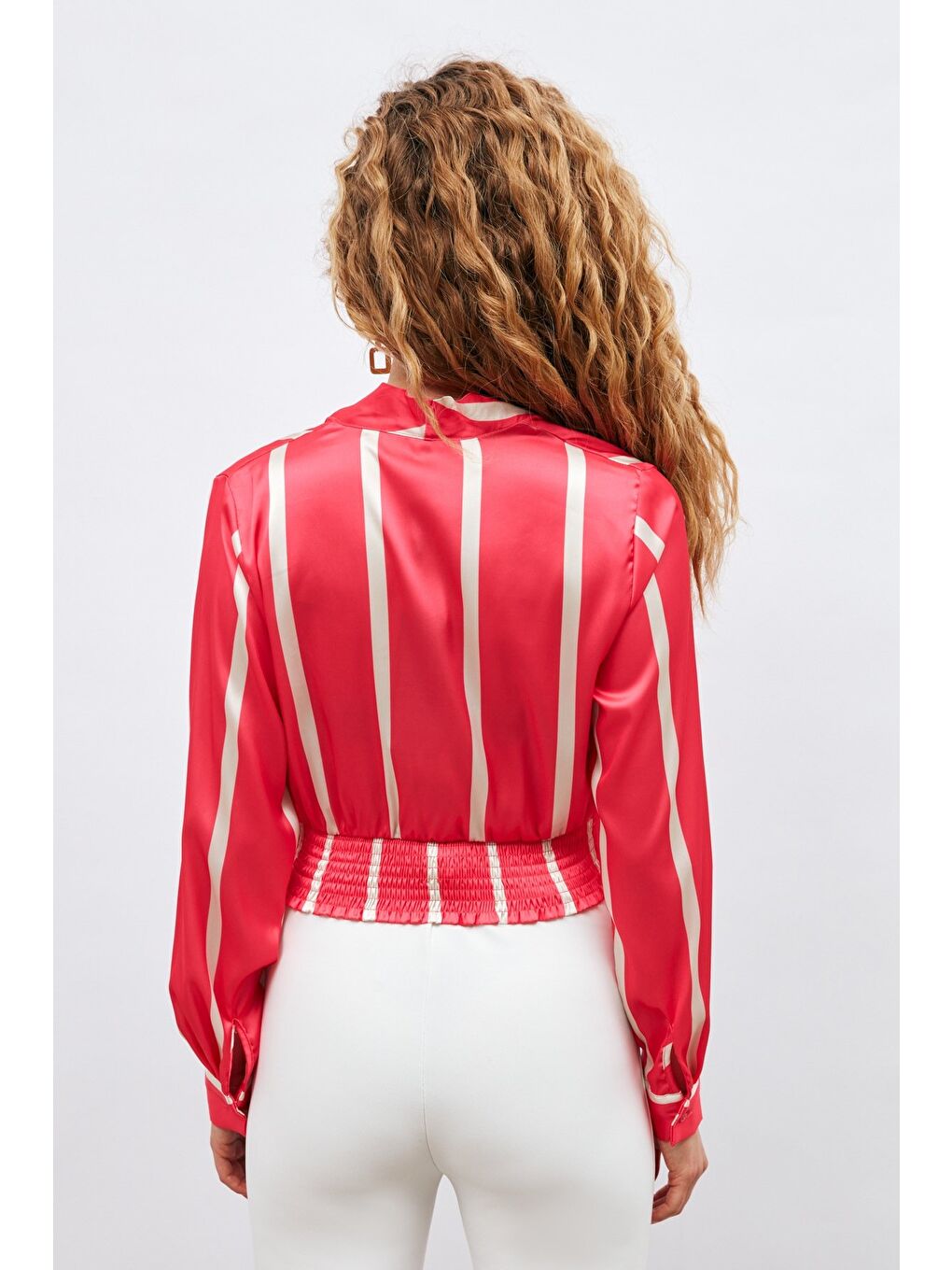 Kruvaze Yaka Çizgili Bluz - Fuşya-4