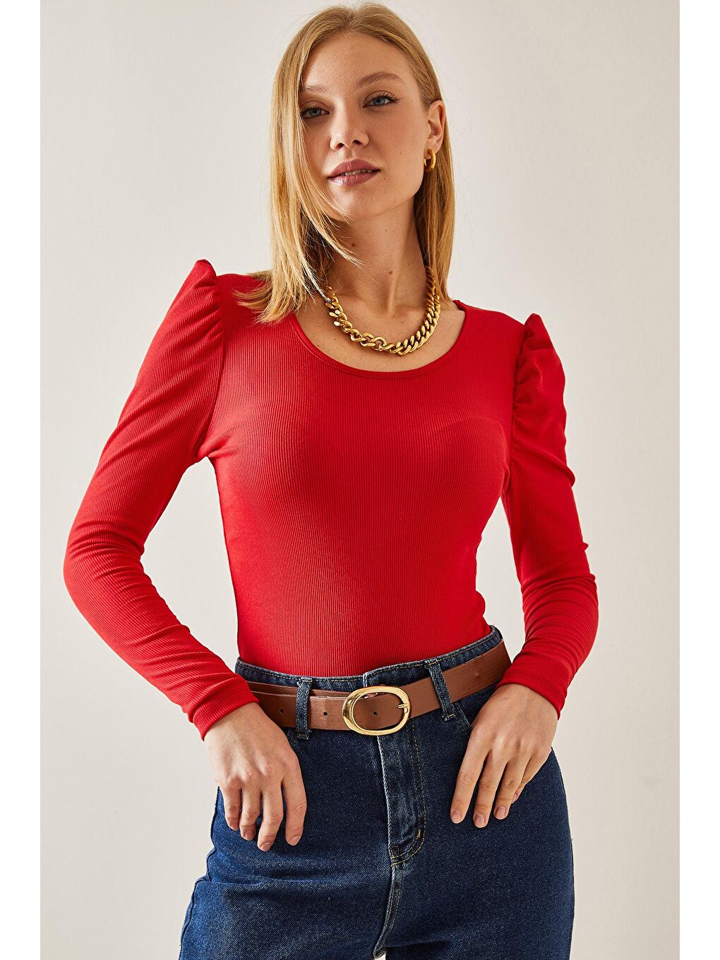 Kırmızı U Yaka Karpuz Kol Kaşkorse Bluz 4KXK2-47655-04-1