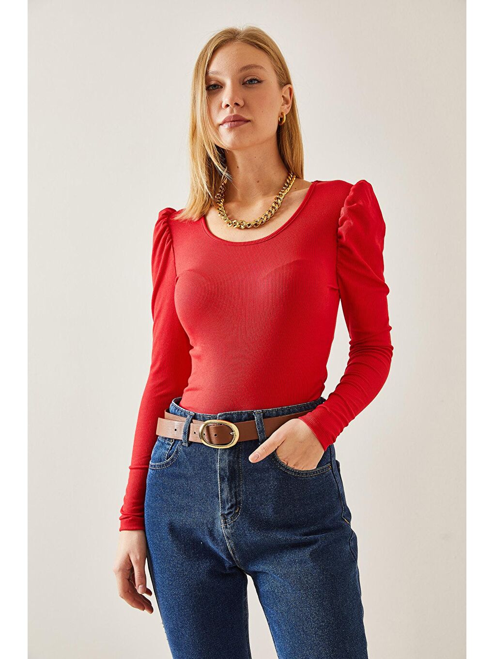 Kırmızı U Yaka Karpuz Kol Kaşkorse Bluz 4KXK2-47655-04-2