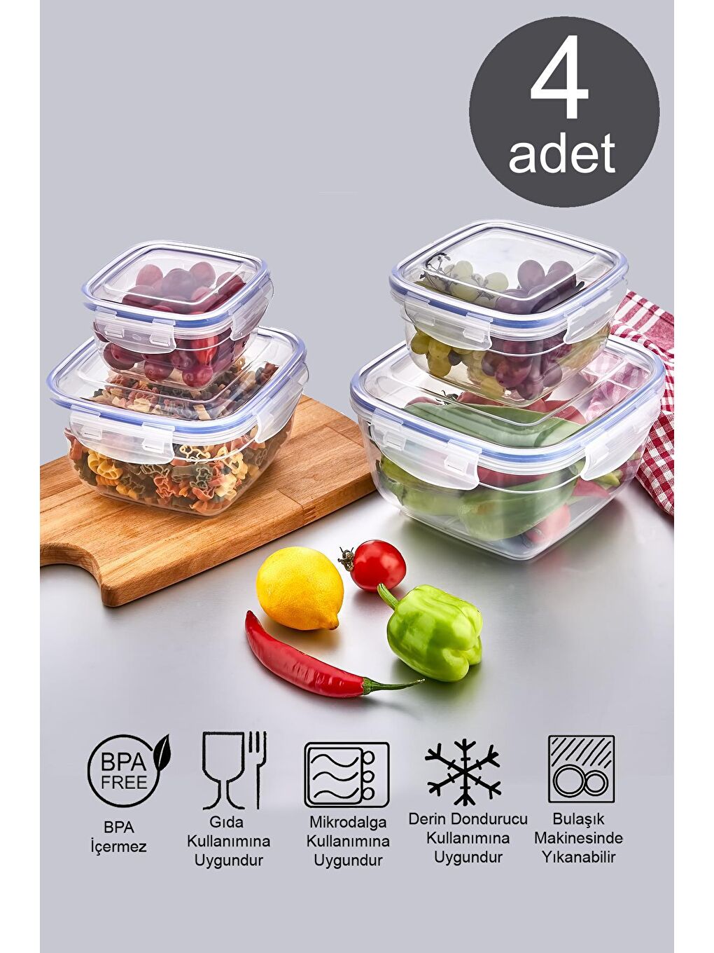 Beyaz Kare Sızdırmaz Vakum Kapaklı 4 Adet Saklama Kabı | Saklama Kap Seti