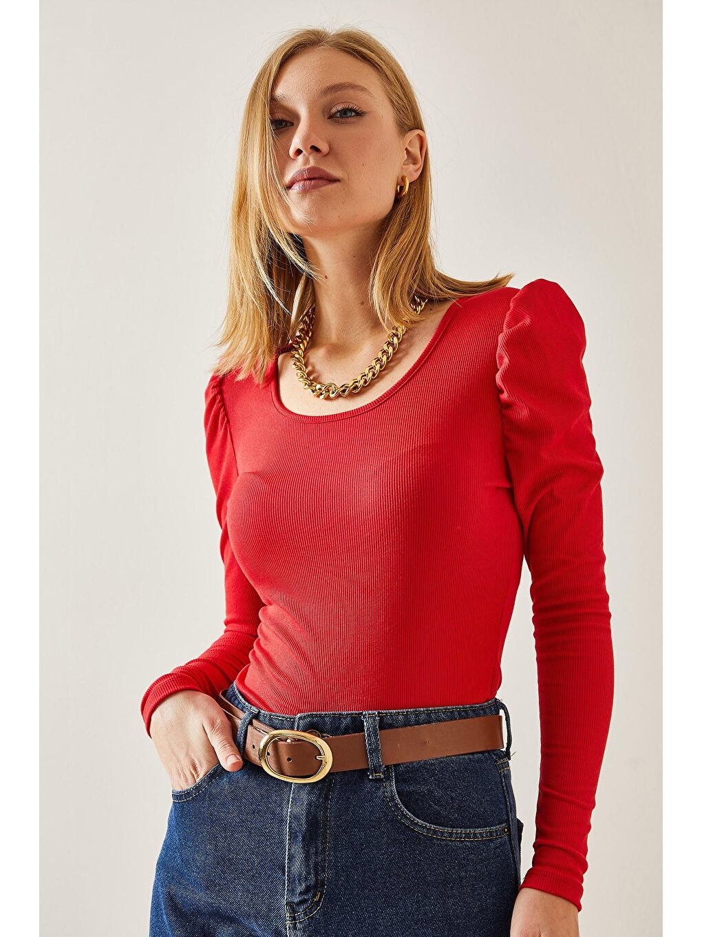 Kırmızı U Yaka Karpuz Kol Kaşkorse Bluz 4KXK2-47655-04-3