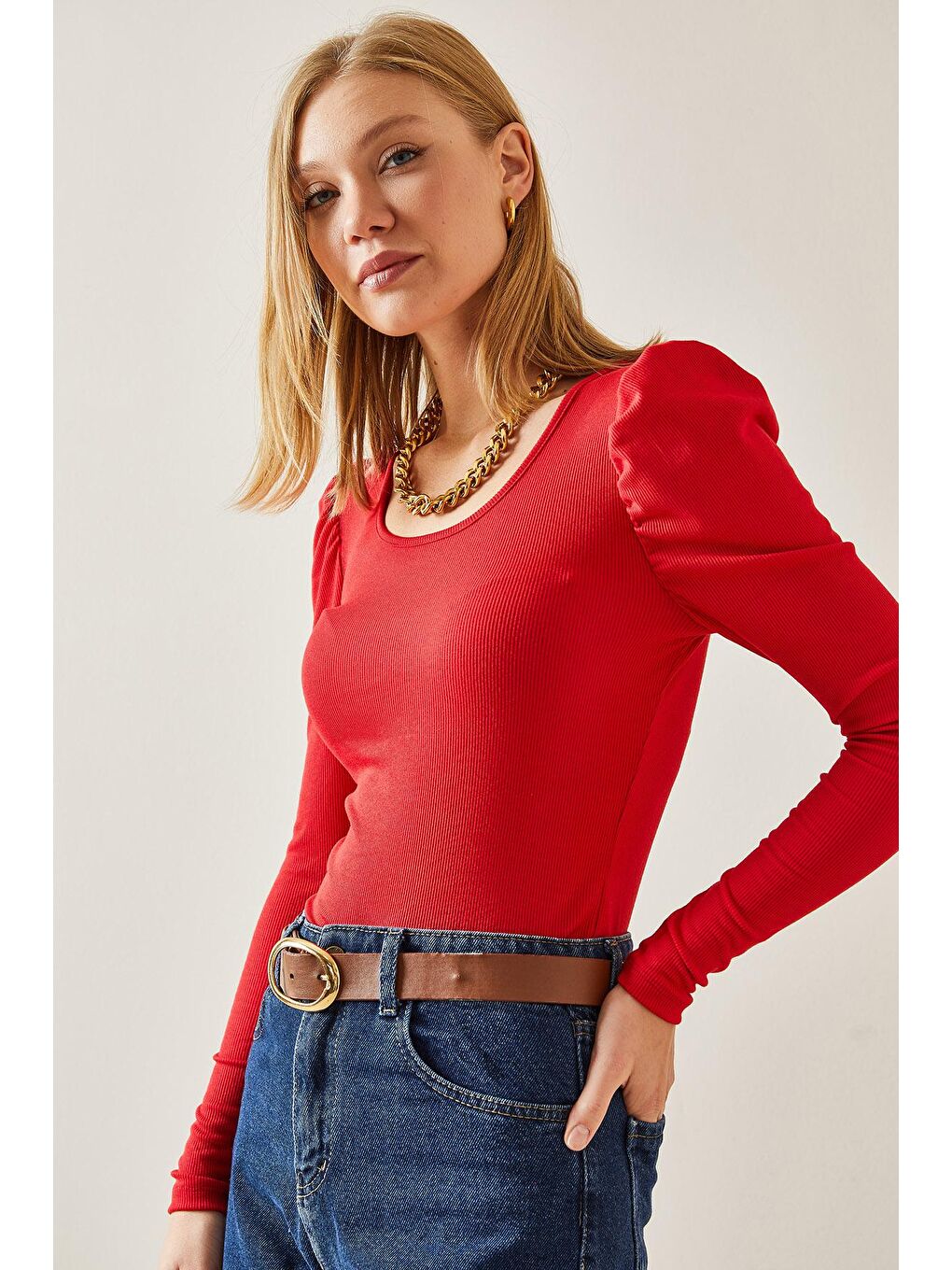 Kırmızı U Yaka Karpuz Kol Kaşkorse Bluz 4KXK2-47655-04-4