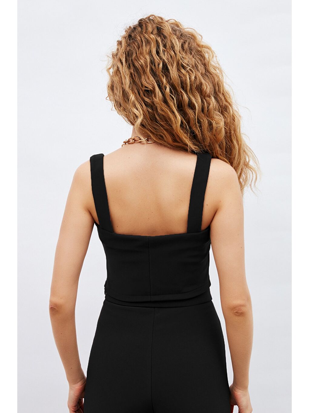 Kare Yaka Crop Bluz - Siyah-3