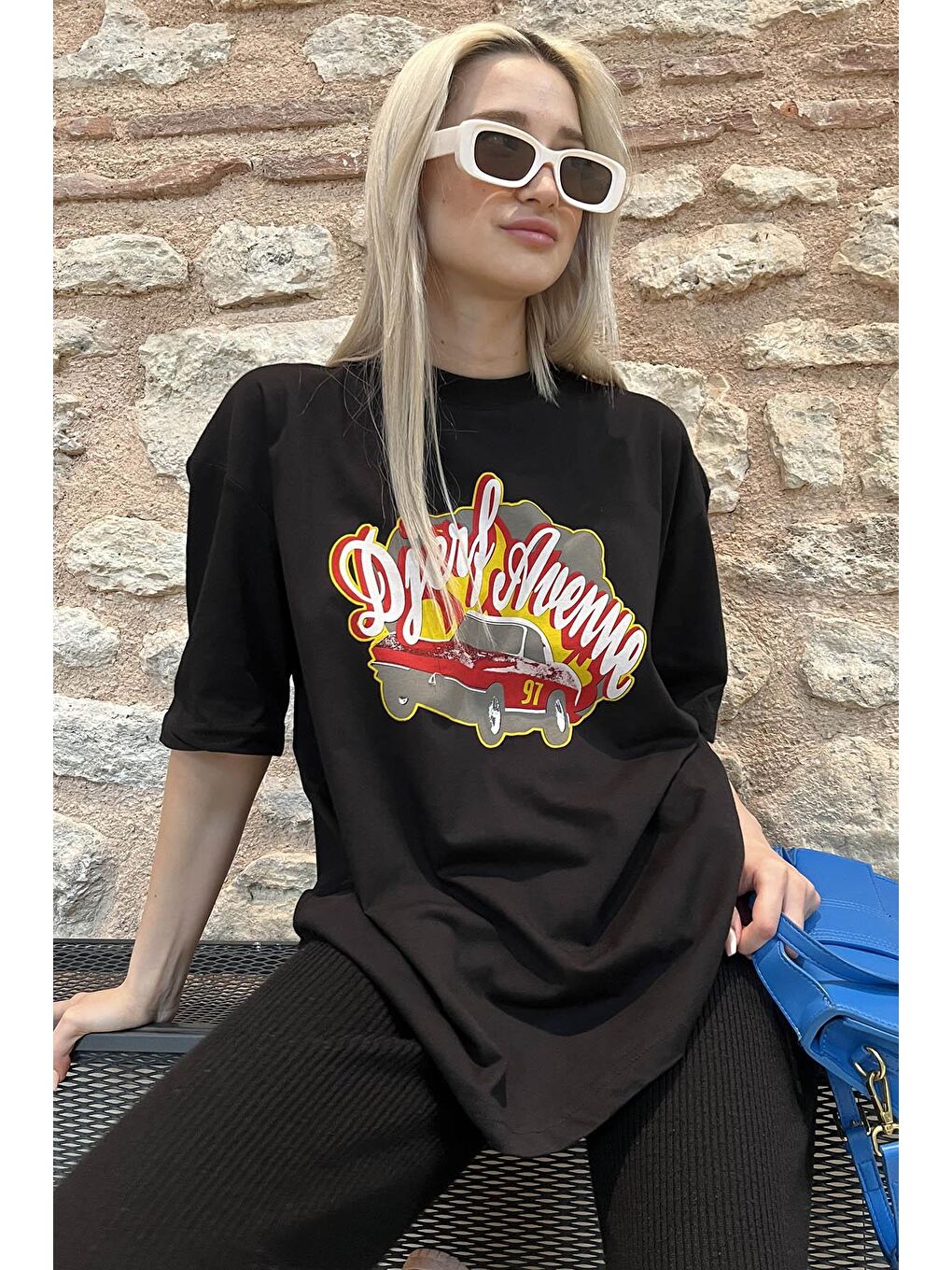 Siyah Baskılı Oversize Kadın Tişört Mg1836-1