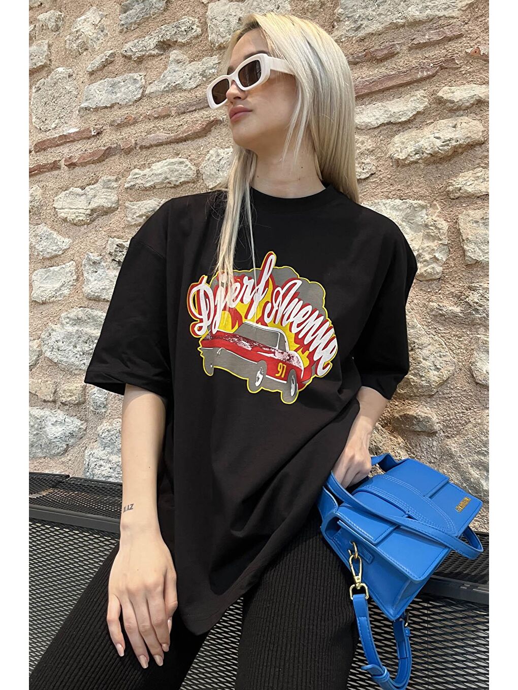 Siyah Baskılı Oversize Kadın Tişört Mg1836-2