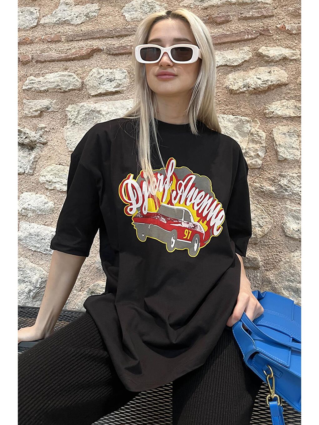 Siyah Baskılı Oversize Kadın Tişört Mg1836-3