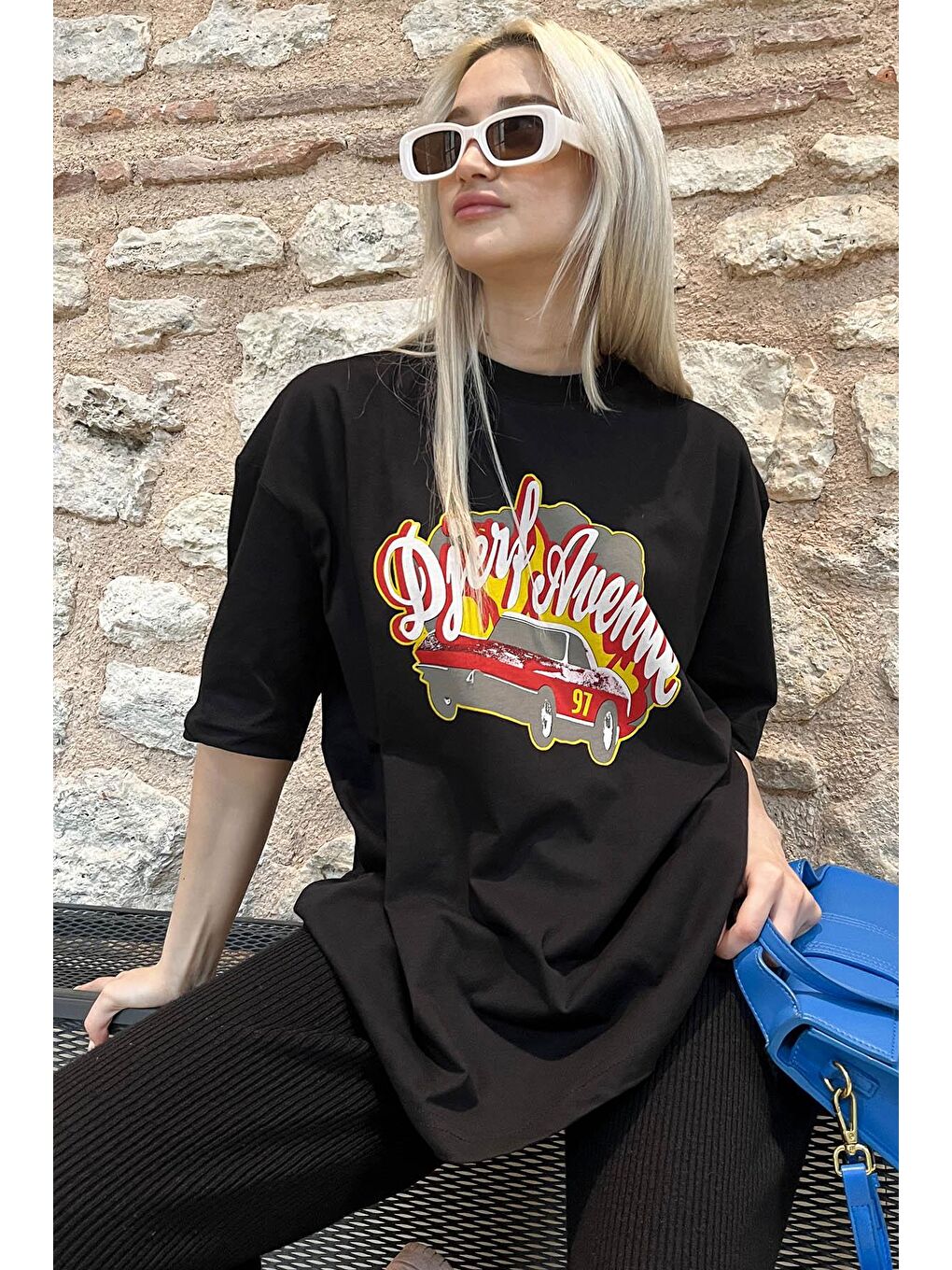 Siyah Baskılı Oversize Kadın Tişört Mg1836-4