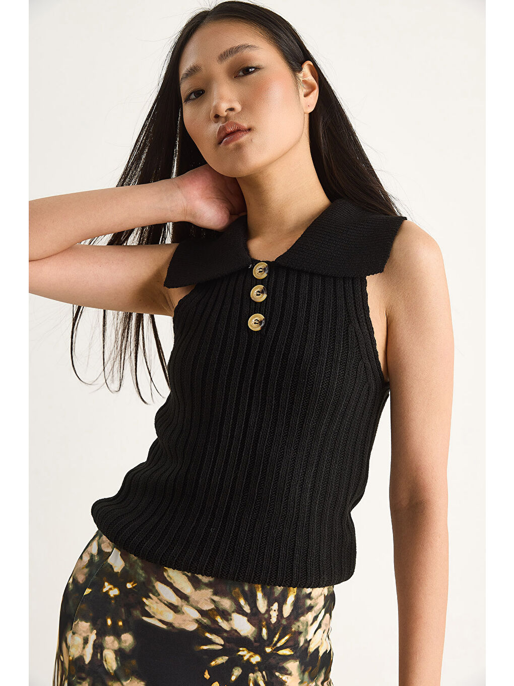 Siyah Kadın Yakalı Fitilli Yazlık Triko Bluz-3