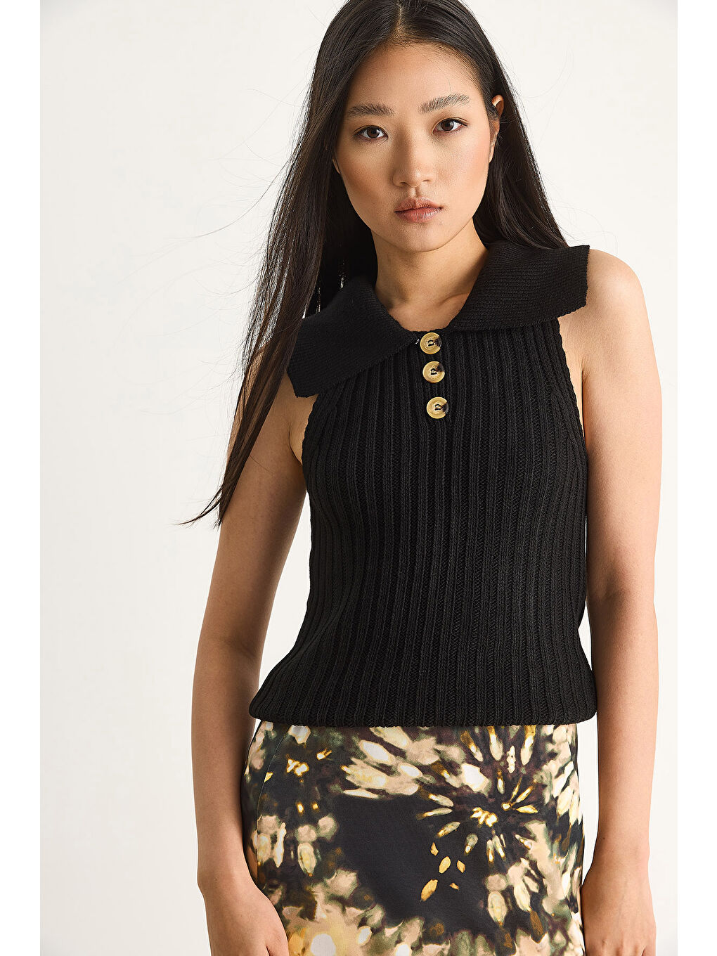 Siyah Kadın Yakalı Fitilli Yazlık Triko Bluz-4