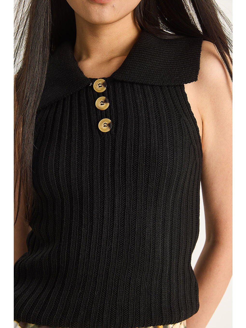 Siyah Kadın Yakalı Fitilli Yazlık Triko Bluz-5