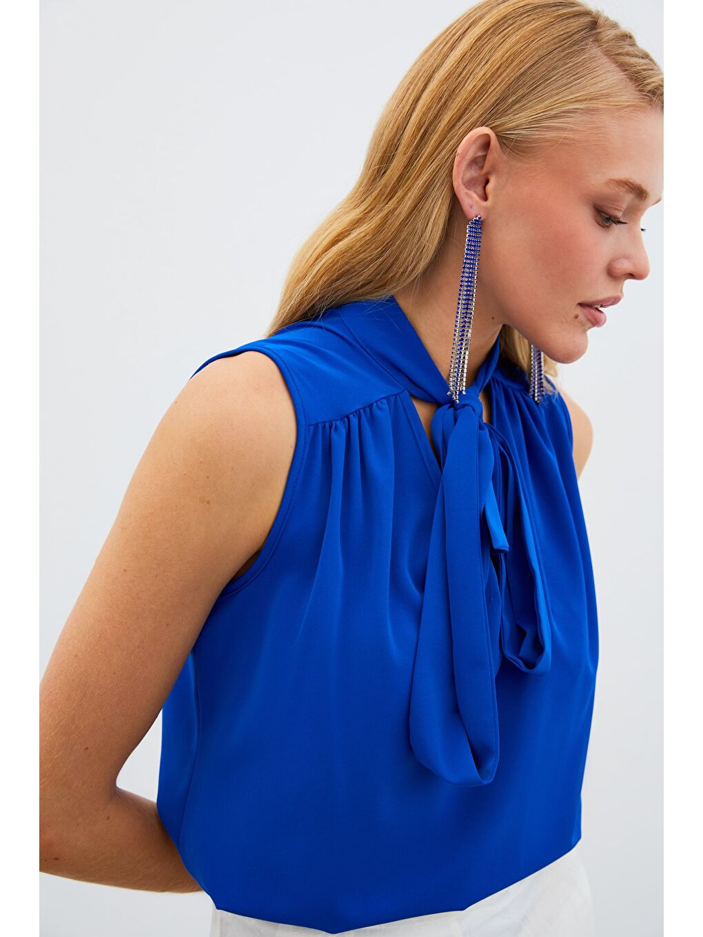 Fularlı Kolsuz Bluz - Sax Mavi-2