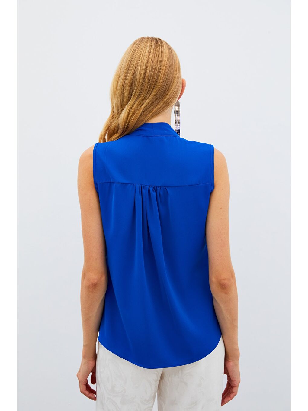 Fularlı Kolsuz Bluz - Sax Mavi-4