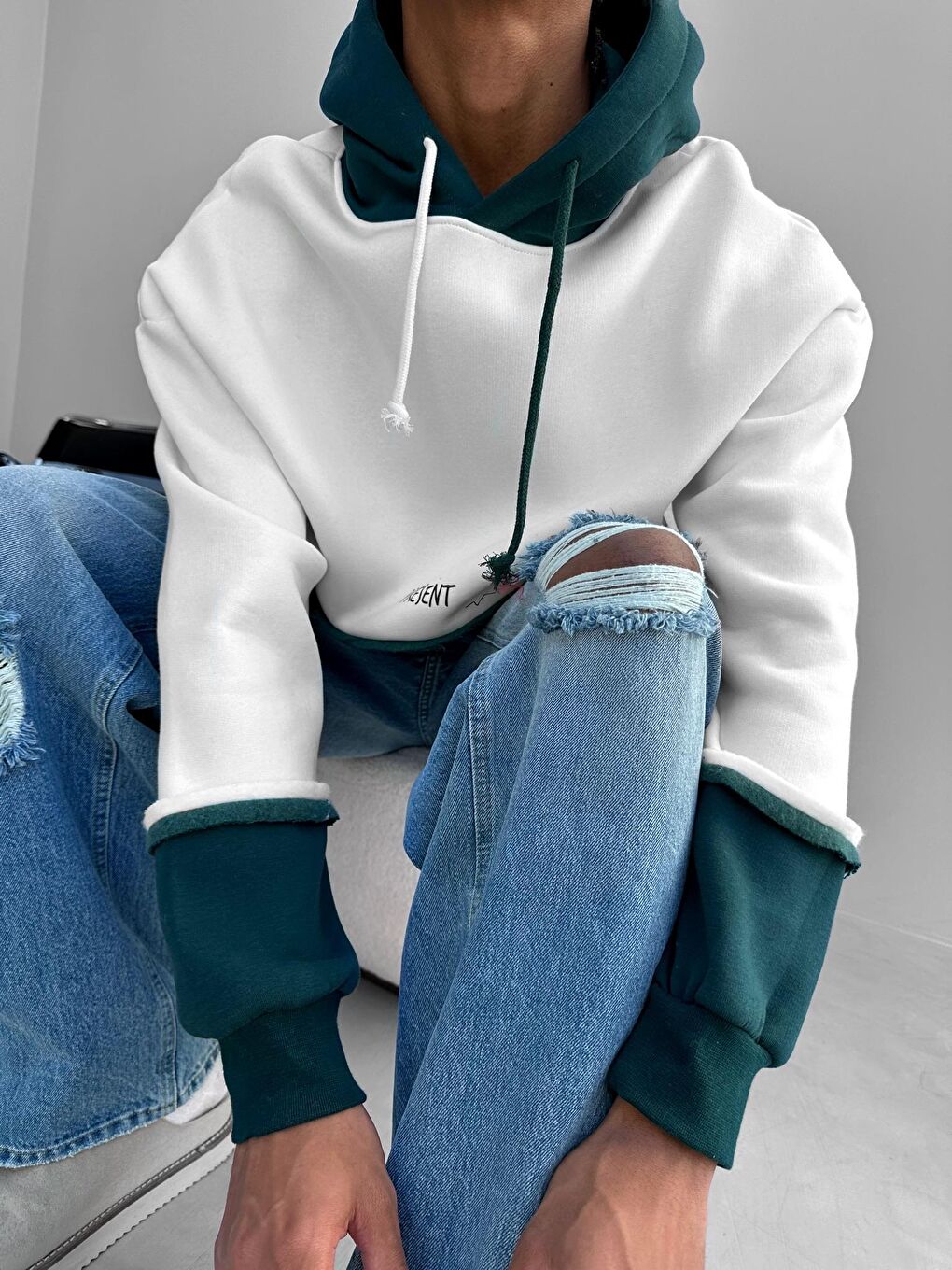 Oversize Çift Renkli Kapüşonlu Sweatshirt Yeşil