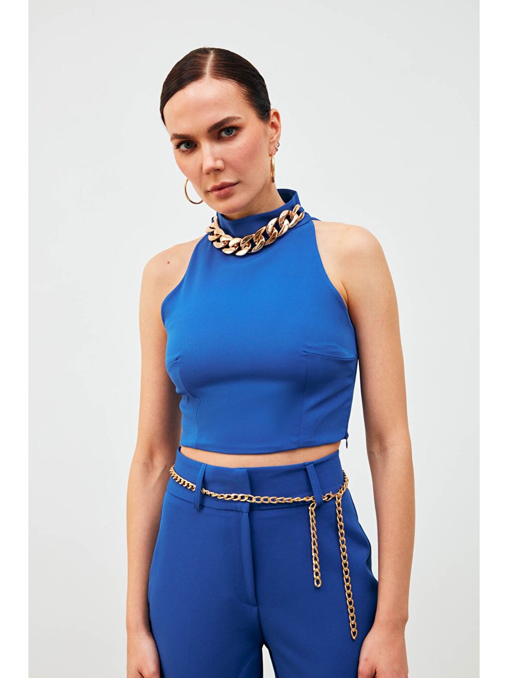 Zincir Aksesuarlı Crop Bluz - Sax Mavi-1