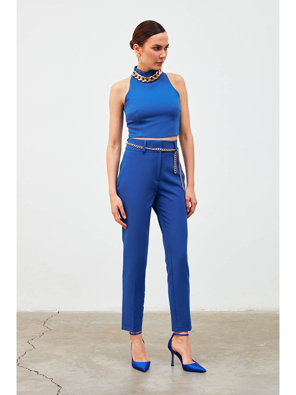 Zincir Aksesuarlı Crop Bluz - Sax Mavi-2