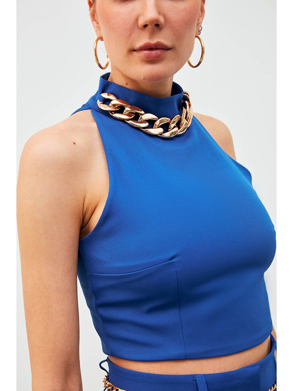 Zincir Aksesuarlı Crop Bluz - Sax Mavi-3