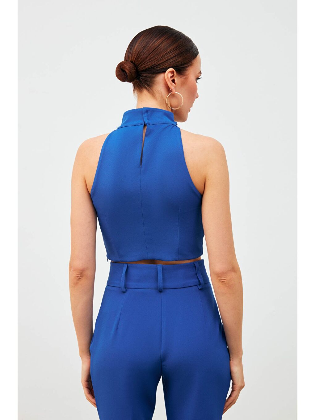 Zincir Aksesuarlı Crop Bluz - Sax Mavi-4