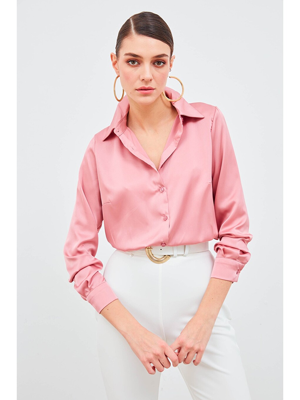 Pembe Gömlek Yaka Saten Gömlek - Pudra