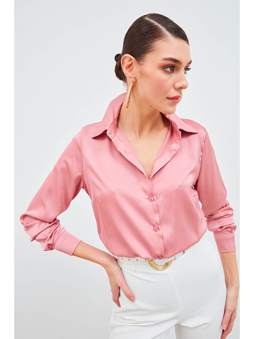 Pembe Gömlek Yaka Saten Gömlek - Pudra-1