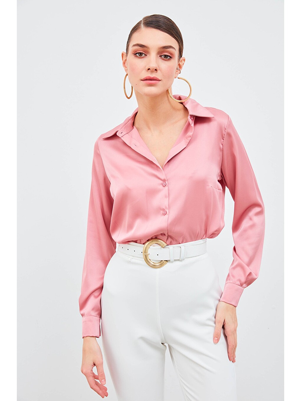 Pembe Gömlek Yaka Saten Gömlek - Pudra-2