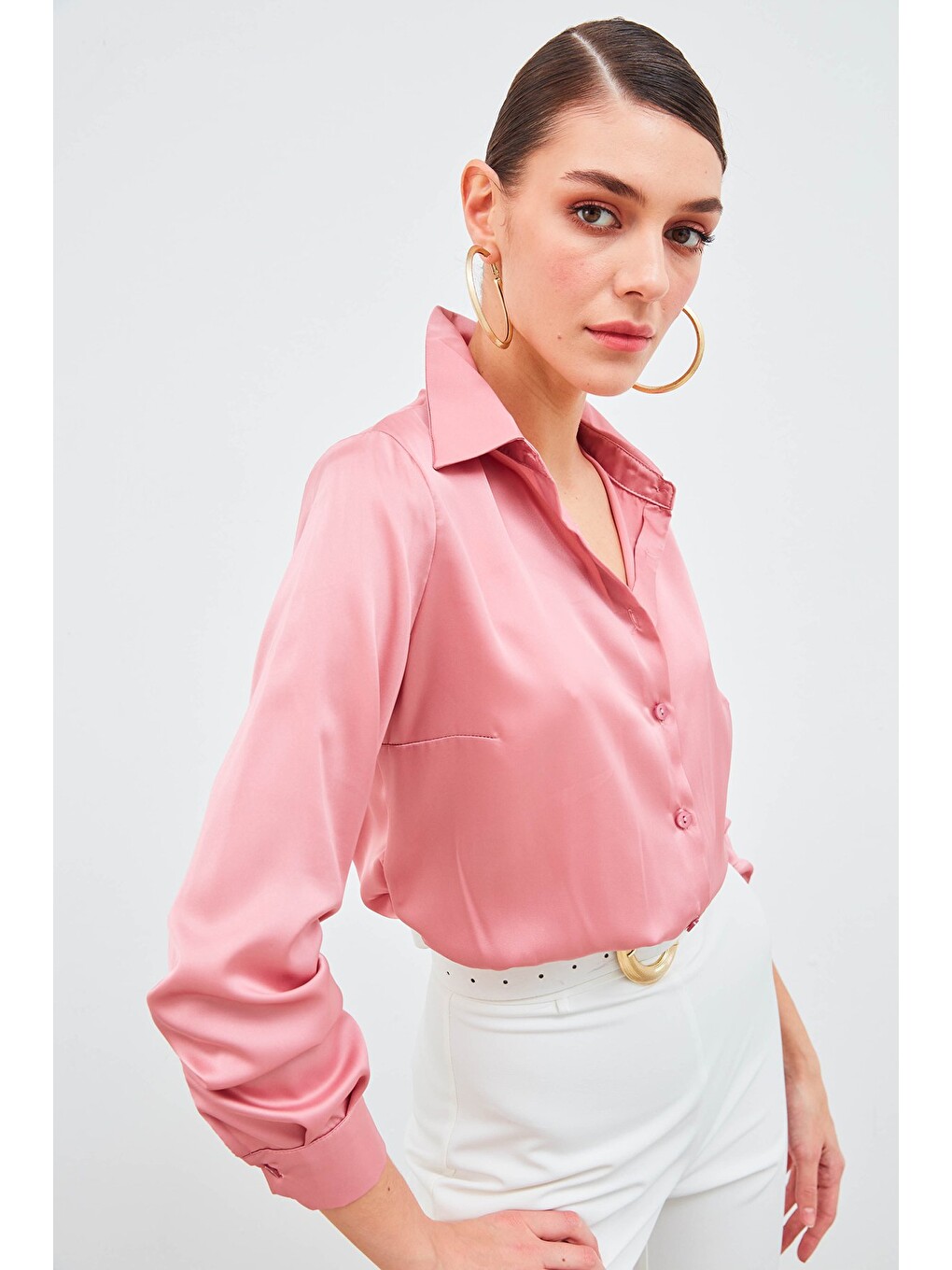 Pembe Gömlek Yaka Saten Gömlek - Pudra-4