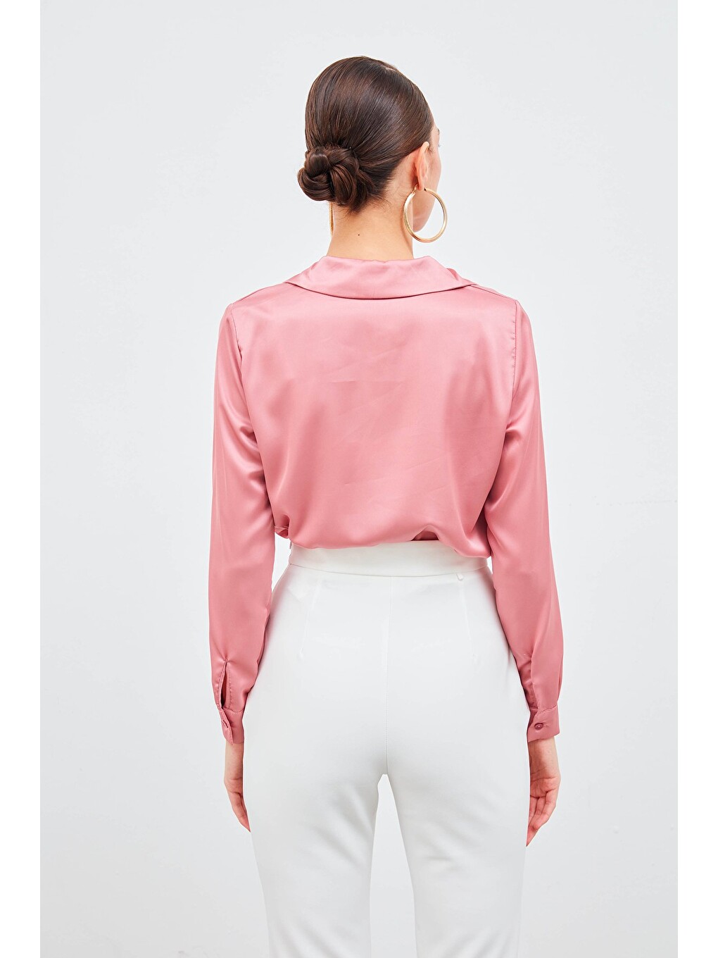 Pembe Gömlek Yaka Saten Gömlek - Pudra-5